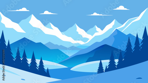 Snowy winter mountain landscape with pine trees under a cold sky, perfect for ski and Christmas season views