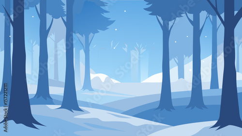 A snowy winter forest landscape with frost-covered trees by a winding road under a cold, blue sky