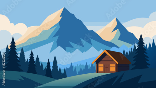 Winter mountain panorama with snowy peaks and alpine trees under a clear sky