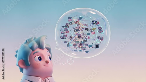 Cartoon character pondering digital connections in bubble