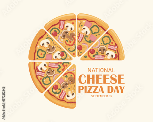 National Cheese Pizza Day vector. Different kinds of pizza slices vector. Whole pizza top view icon set. Pizza Day Poster, February 9. Important day.