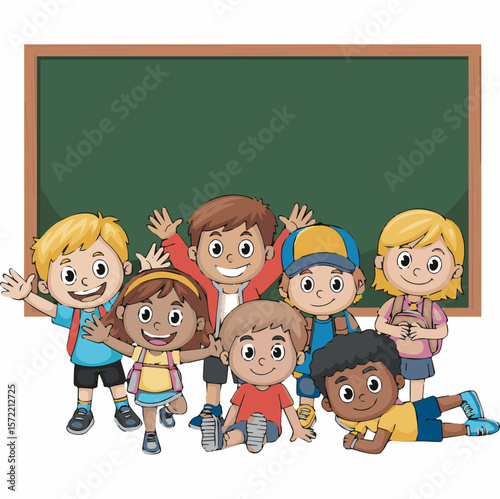 Cartoon back to school kids illustration with chalkboard clip art for education and learning design