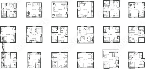 Collection of small apartment floor plans, modern compact living layouts, minimalist residential blueprints, tiny home architectural designs, real estate space planning illustrations.