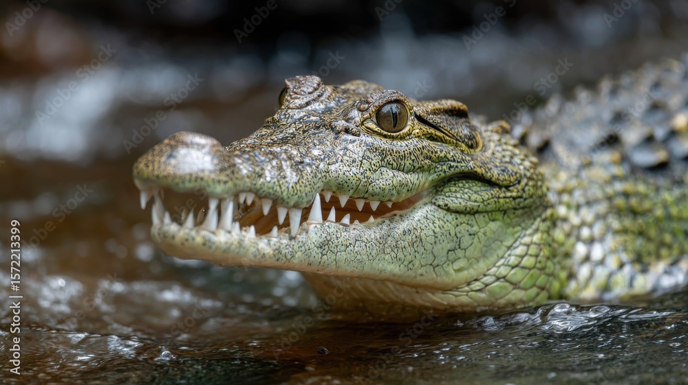 Obraz premium A crocodile swims close to the water's surface, its sharp teeth and textured skin clearly visible. This moment captures the essence of wildlife in a serene environment during daylight.