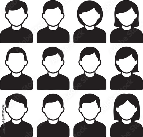 People icon set: Diverse vector silhouettes of business users, men, and women with various hairstyles for profile and avatar designs