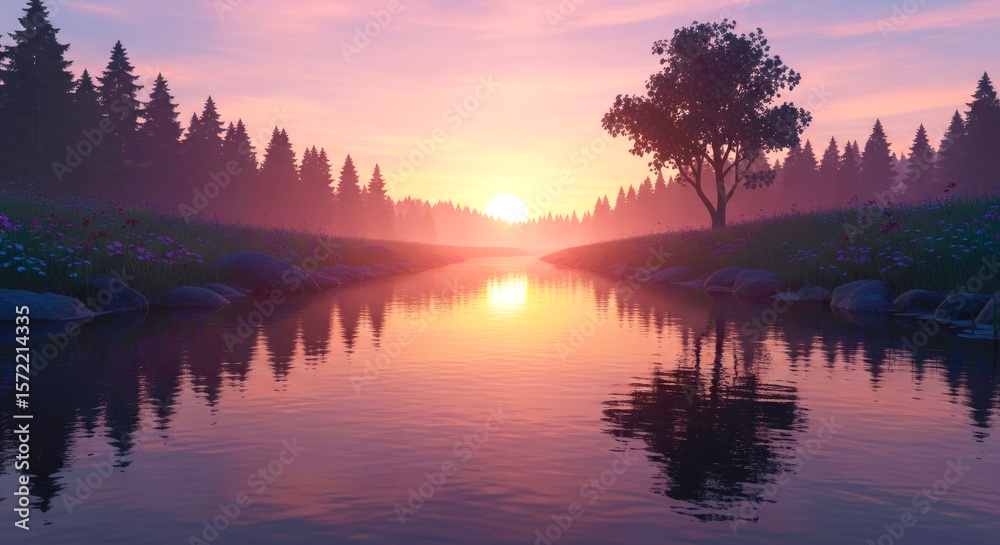 Fototapeta premium Sunset Serenity: River Reflection in a Peaceful Forest Landscape