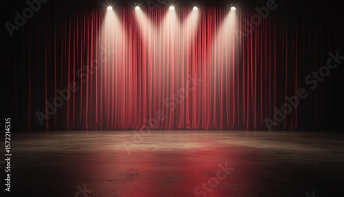 Dark and dramatic stage with red curtain spotlights illuminating velvet curtains two
