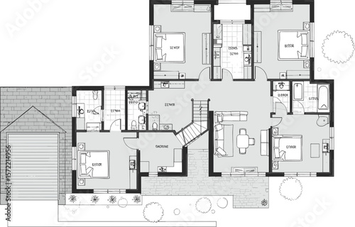 Modern house floor plan with garage, five bedrooms, kitchen, dining room, living room, and bathrooms for architectural and interior design projects.