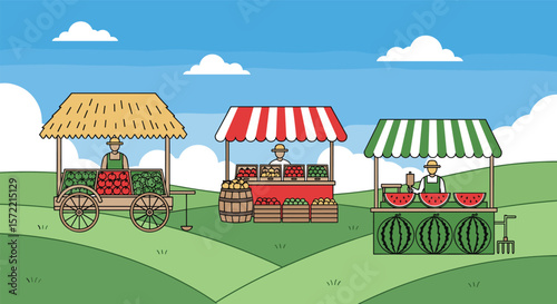 Farmers market scene with vendors selling fresh produce on a sunny day