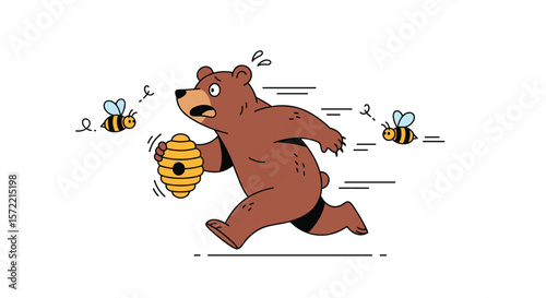 Frightened bear running fast away from angry bees holding honeycomb
