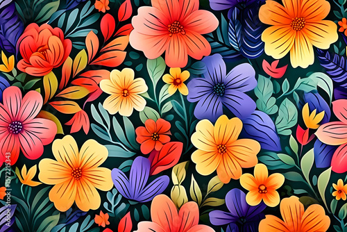 Seamless floral pattern featuring a vibrant spring flower design with decorative leaves, perfect for textile, fabric, or wallpaper
