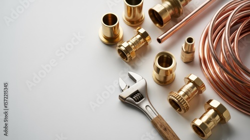 Assorted brass plumbing fittings and copper pipes arranged neatly with a wrench on a clean white background