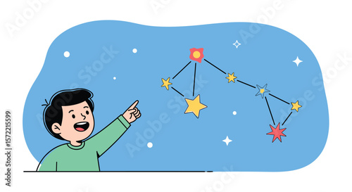 Young boy excitedly points to a star constellation in the night sky filled with stars