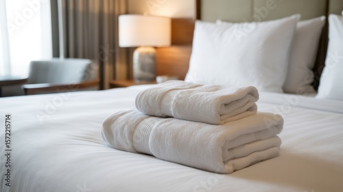 Neatly folded white towels on a pristine hotel bed with soft lighting and cozy ambiance