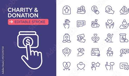 Charity donation icons set vector illustration outline style for fundraising and helping people in need editable stock vector