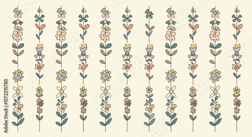 Delicate floral elements with soft petals and green leaves arranged vertically in multiple columns