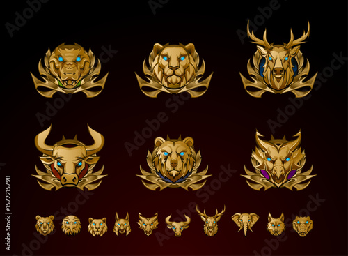 set of ancient golden medieval animal head of bull, deer, bear, eagle, lion, dragon, elephant, wolf, crocodile, anubis for rpg game symbol elements with tier badge medalWeb