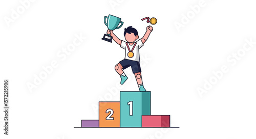 Athlete celebrates victory on podium with trophy and medals achieving top honors in sports competition