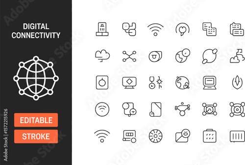 Digital connectivity icon set editable stroke, network communication, global connection, data transfer editable stock vector