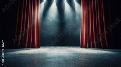 Dramatic Atmosphere: Dark stage with closed red curtains, concrete floor, Theater curtains illuminated