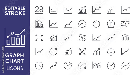 Stock market chart icons vector set editable stroke line graph diagram data analysis business growth 100px editable stock vector