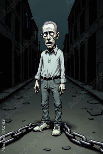 A white man looks worried, standing in a dark alley with chains on the ground. The background shows old buildings and broken windows