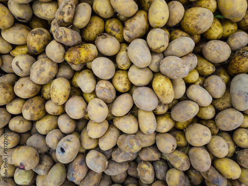 Many potatoes in market, top view background.