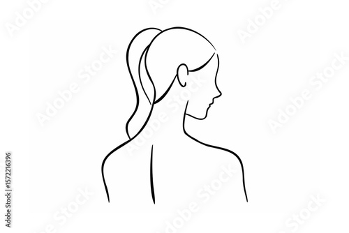 Black line drawing of woman's profile and shoulders