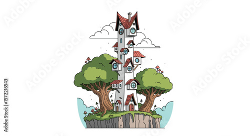 Enchanting fanciful tower dwelling with whimsical architecture set amidst lush greenery and flowing water
