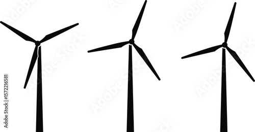 Silhouette illustration of three wind turbines in different angles and positions, renewable energy concept for sustainability and green energy designs.