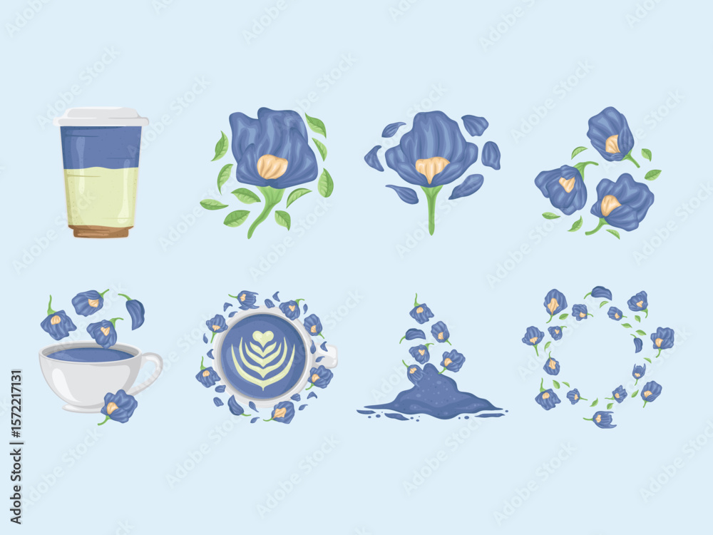 Naklejka premium butterfly pea blue tea herbal floral petal violet organic purple flower blossom tropical element art