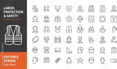 Safety equipment icons vector set for labor protection and industrial safety line style editable stroke editable stock vector