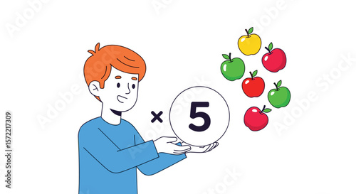 An illustration of a young boy holding a circle with the number five inside and a multiplication symbol next to a group of apples representing a math lesson for children