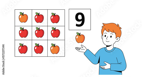 Counting game with apples and an orange for children learning numbers and sorting skills while playing an educational activity