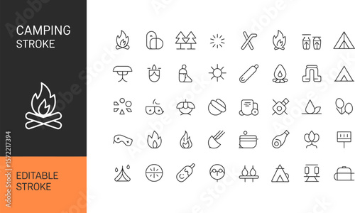 Camping icons vector set outline style camping equipment and elements for summer camp outdoor activity 100 editable stock vector