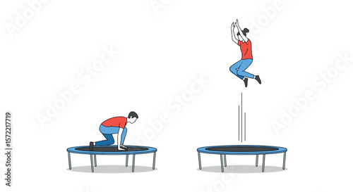 Youngster actively jumps on a round trampoline doing tricks with a soccer ball enjoying outdoor summer recreation activity