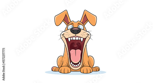 Enthusiastic cartoon dog sitting with mouth wide open in a happy excited and playful manner showing off its teeth and tongue