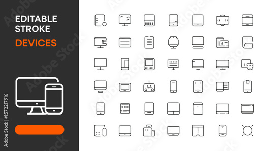 Editable stroke devices vector icon set collection of electronic gadgets and modern technology devices icons editable stock vector