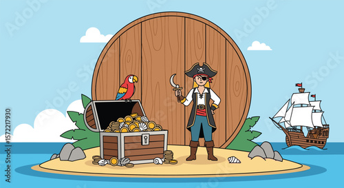 A pirate captain stands proudly on a tropical island beside his treasure chest with his parrot perched on top a sailing ship on the horizon