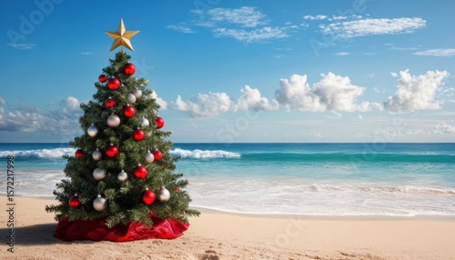 Festive Beach Scene with Christmas Tree, Ornaments, and Ocean View A decorated tree stands