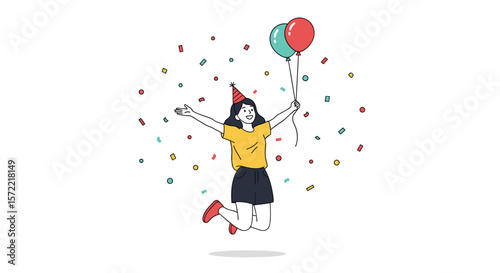 A joyful celebration with balloons and confetti marking a special happy birthday moment with a person jumping high