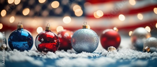Festive Christmas ornaments on snowy blue surface with colorful baubles an American