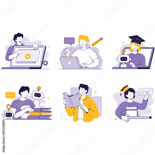 Illustrations of online education learning with robots and students for digital courses and ai tutor 100