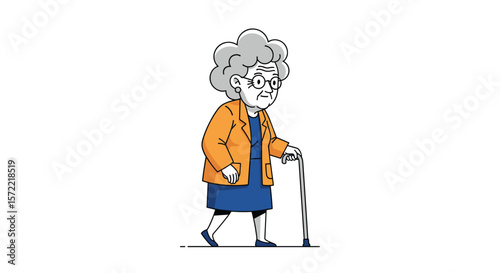 A senior woman with gray curly hair wearing glasses and an orange jacket walking with a cane