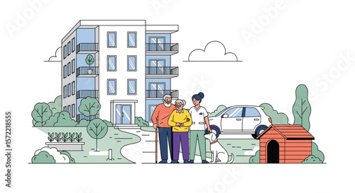 Elderly couple enjoying their new apartment building with their friendly dog outside on a sunny day