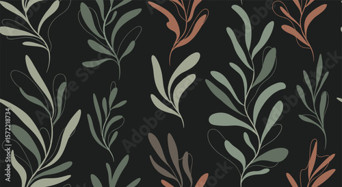 Abstract botanical pattern featuring elegant leaves and sprigs in muted earthy tones on a dark background creating a sophisticated and natural aesthetic