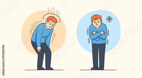 Understanding human body temperature fluctuations experiencing extreme heat and chills illustration