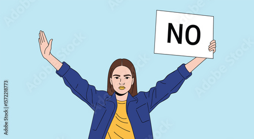 Person holding a sign declaring a negative statement against something unseen during a protest or demonstration