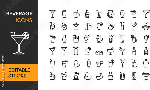 Beverage icons set vector illustration of different drinks such as cocktails juice and more line style editable stock vector