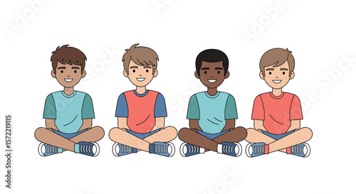 Four smiling boys of diverse ethnicities sitting cross-legged and looking at the viewer